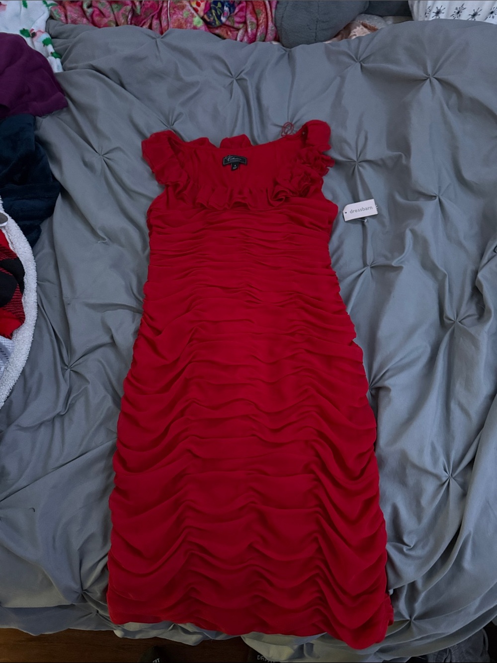 dressbarn Red Ruffled Ruched Dress